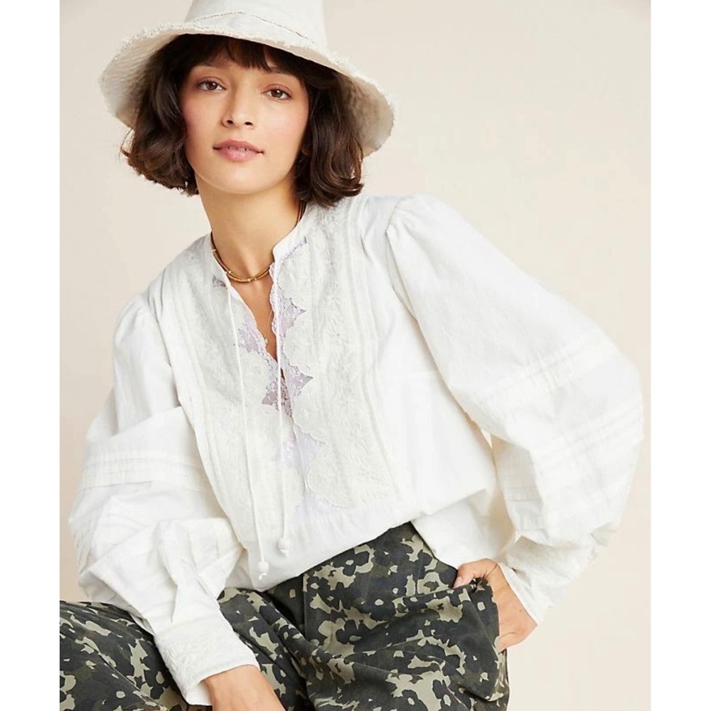 Anthropologie Delilah White Lace Embroidered Puff Sleeve Peasant Blouse Top US 0